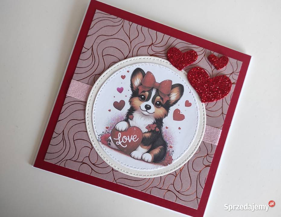 Kartka ręcznie robiona na Walentynki z pieskiem Łódź