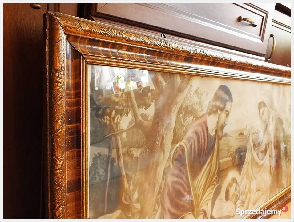 Stary DUŻY Obraz Świętej Rodziny 130x63 W ramie Antyki Żary
