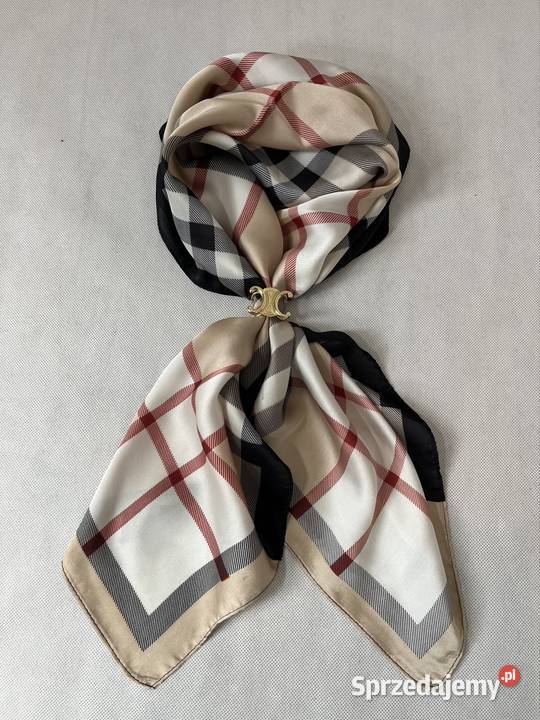 Apaszka w pepitkę beżowa 100 jedwab silk podkarpackie Niebieszczany