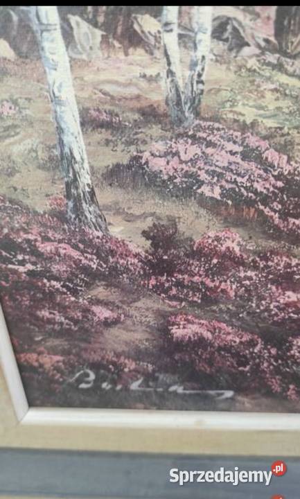 pejzaż wrzosowiska w drewnianej ramie utrzymany Pabianice sprzedam