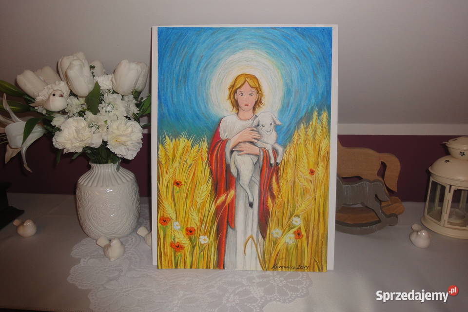 Obraz pastele olejne młody Pan Jezus z barankiem