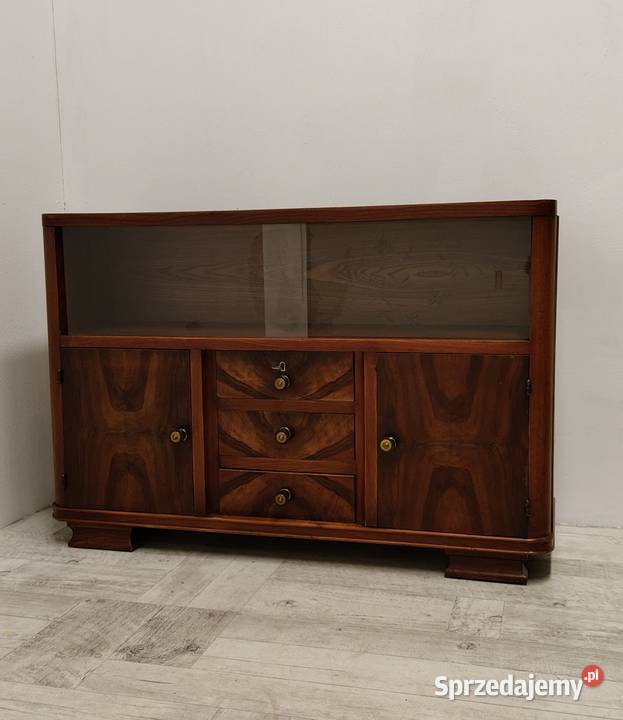mała komoda art Deco z witryną i szufladami lata Radomsko