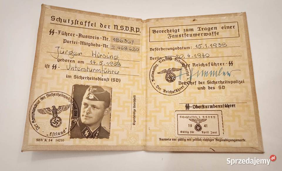 Kolekcjonerska legitymacja SS Ausweis NSDAP 1939 Kraków