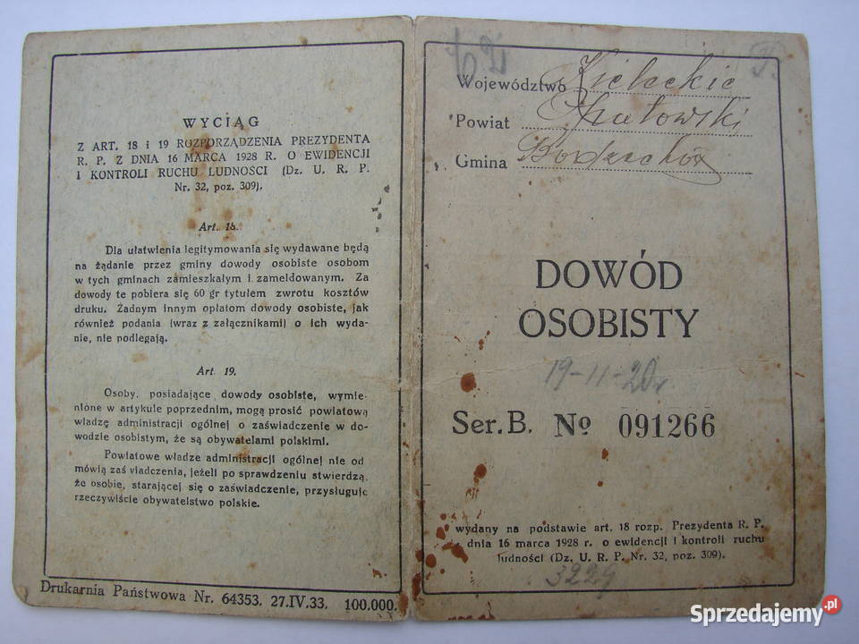 Goździelin gm Bodzechów dowód osobisty z 1934 mazowieckie Warszawa sprzedam