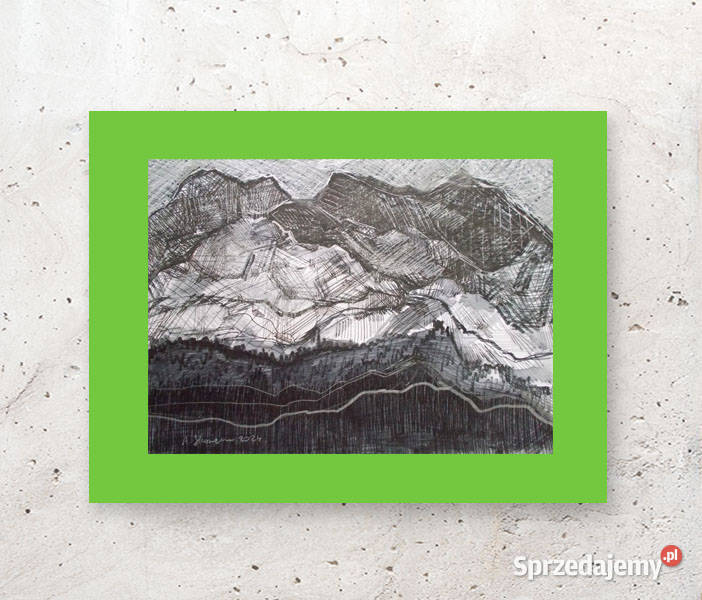 zielono czarny obraz 30x40 górski pejzaż ręcznie pomorskie Gdańsk sprzedam