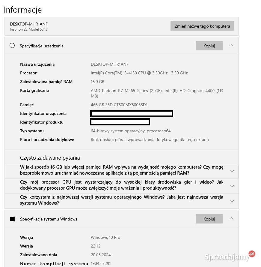 Dell Inspirion 5348 i3 35GHz 16GB RAM 466 SSD Taktowanie procesora 3500 dolnośląskie Wrocław sprzedam