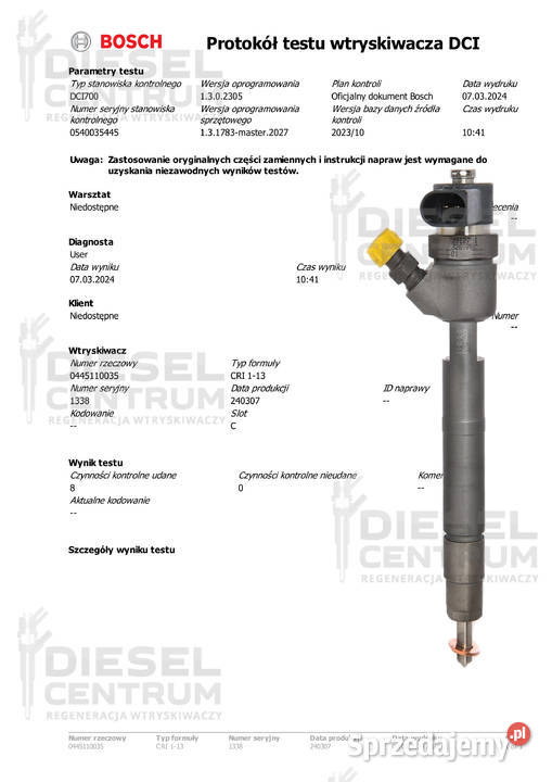 WTRYSKIWACZE BOSCH KOMPLET 4 SZTUK 0445110035 Wtryskiwacze pomorskie Miszewo sprzedam
