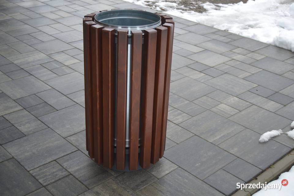 Kosz na śmieci miejski okrągły stalowy drewniany Luboń