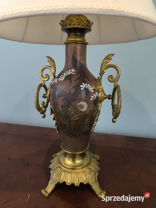 Piękna unikalna lampa mosiądz ceramika malowana Antyki
