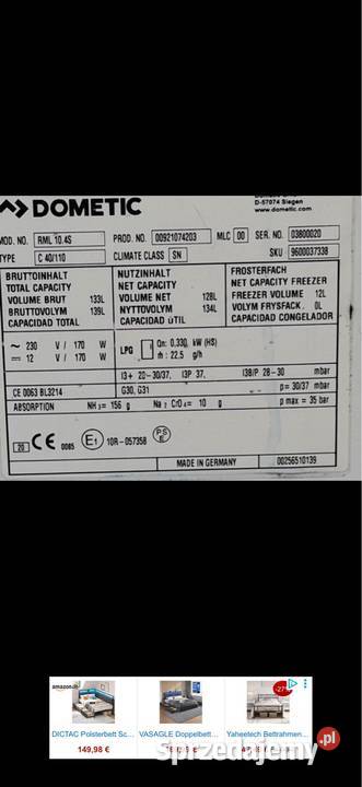 Dometic RML 104 lodówka do kampera przyczepy Zielona Góra sprzedam