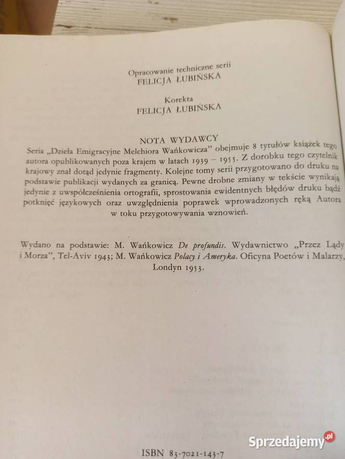 De Profundis Polacy i Ameryka Melchior Wańkowicz Bielsko-Biała sprzedam