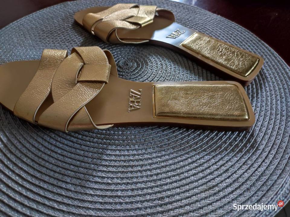 Zara klapki skórzane skórkowe ze skóry złote