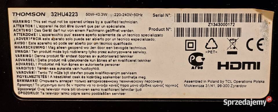 Telewizor Thomson 32 32HU4223 z pilotem Elektronika Łosie