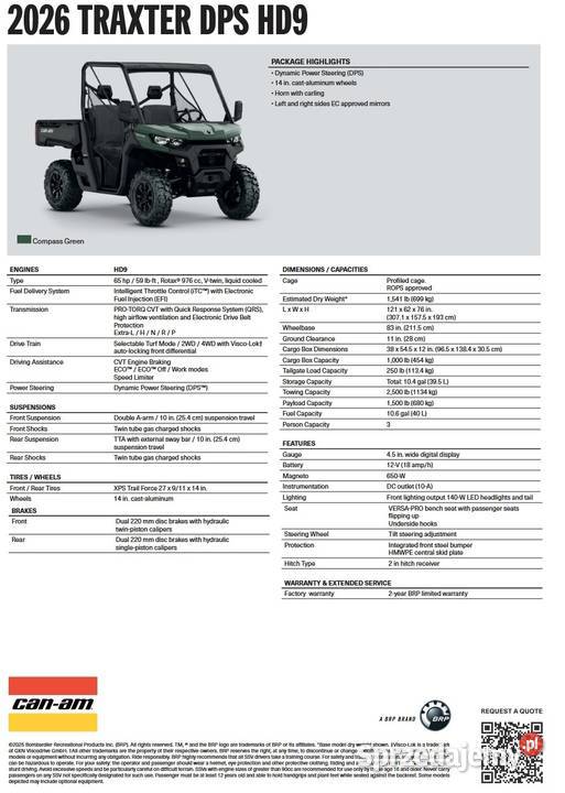 CanAm Traxter DPS HD9 Compass Green 8ETN 2026 65KM Can-Am Nowy Sącz