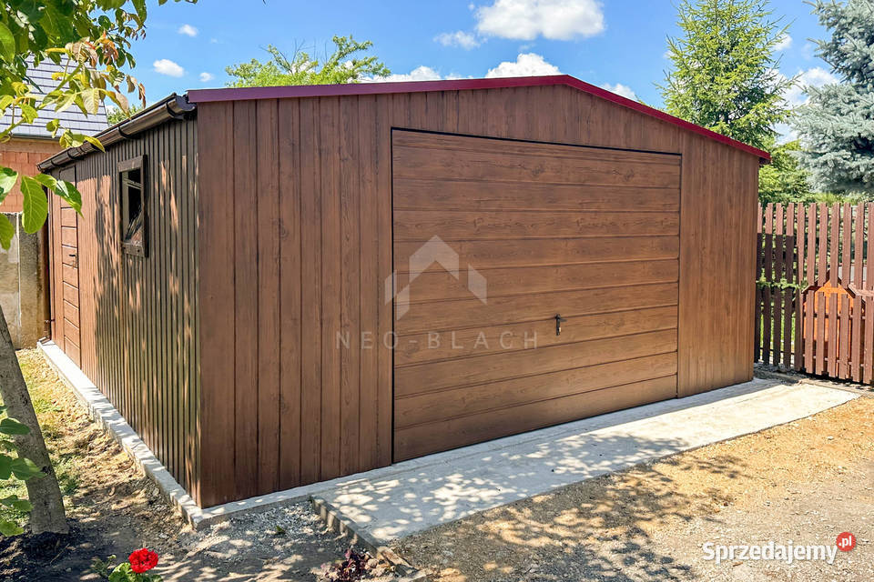 Garaż Blaszany 6x6m Brama uchylna Ciemny Orzech Brzesko