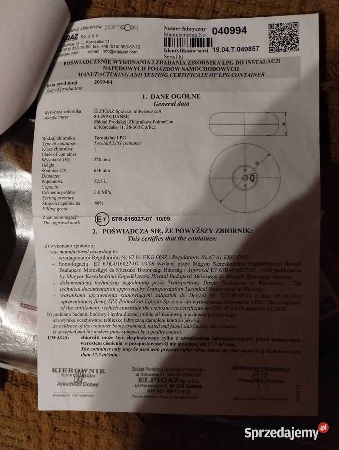 Butla LPG w koło 525L osobowe Układ paliwowy Ciężkowiczki sprzedam