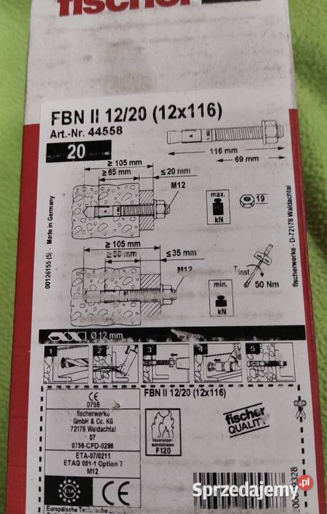 Kotwy sworznie Fischer kolki rozporowe 4 kartony Żmigród
