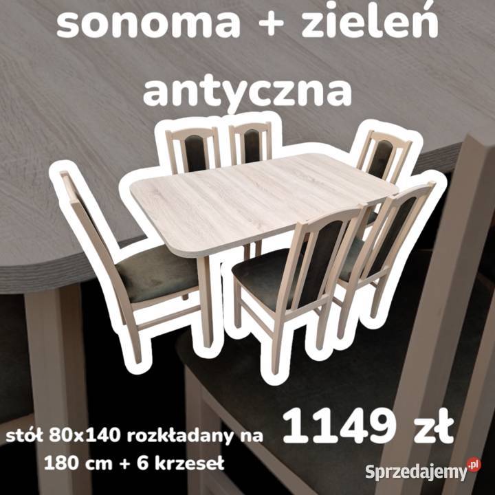 Nowe: Stół 80x140/180 + 6 krzeseł, sonoma + zieleń antyczna