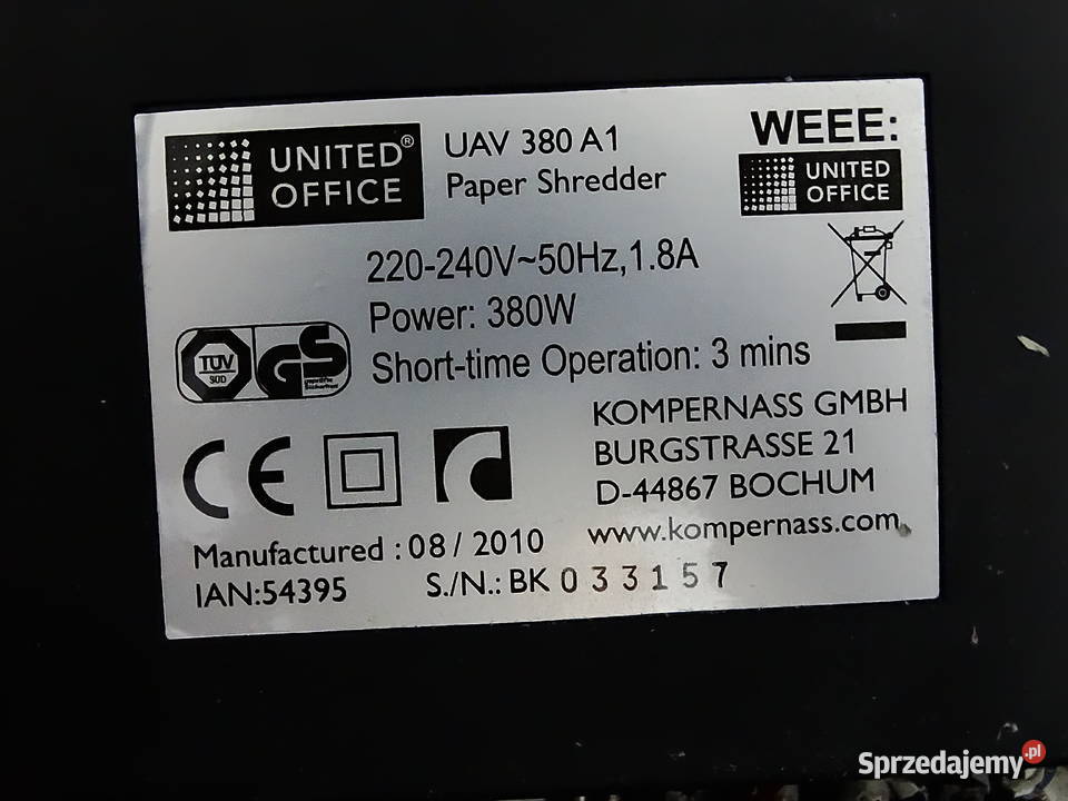 Niszczarka dokumentów UNITED OFFICE UAV 380 A1 Biłgoraj