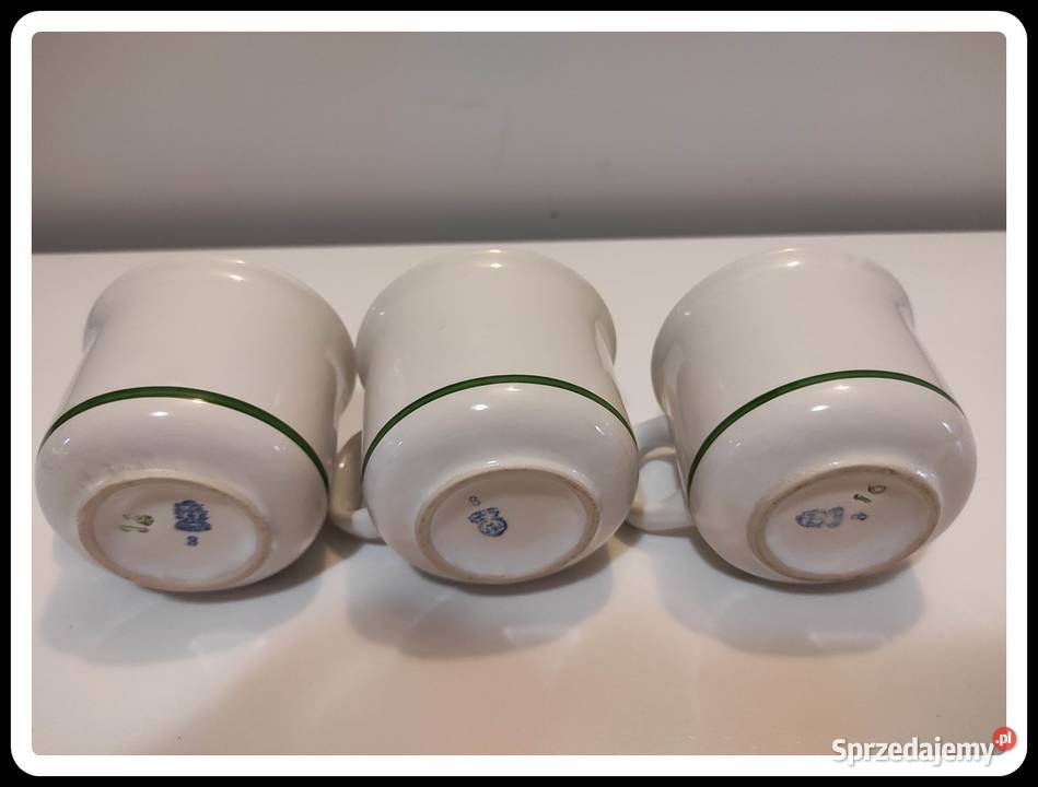 TUŁOWICE 3 filiżanki białe z zielonym paskiem Antyki