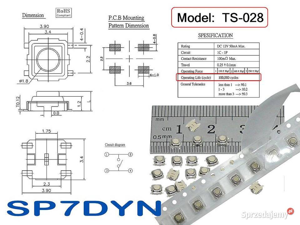 Micro przycisk Tact Switch SMD 15mm pilot Ozorków