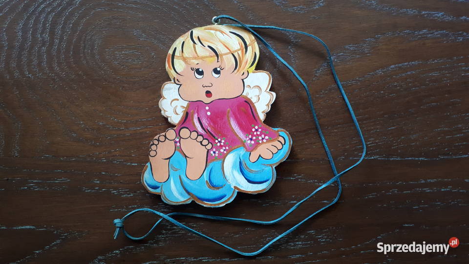 Aniołek drewniana zawieszka na rzemyku
