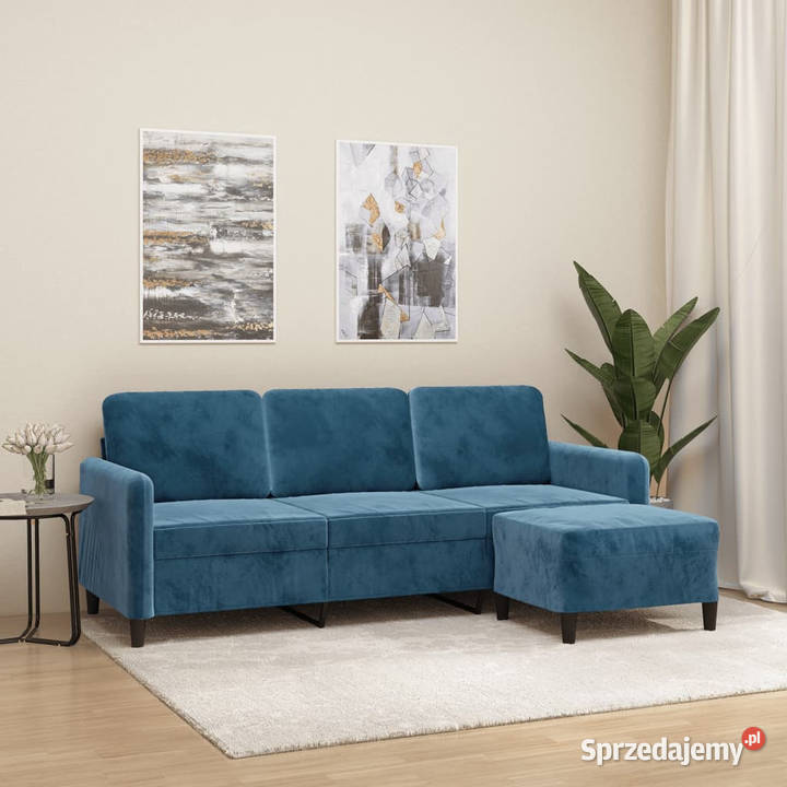 3osobowa sofa z podnóżkiem niebieska 180 aksamit Warszawa
