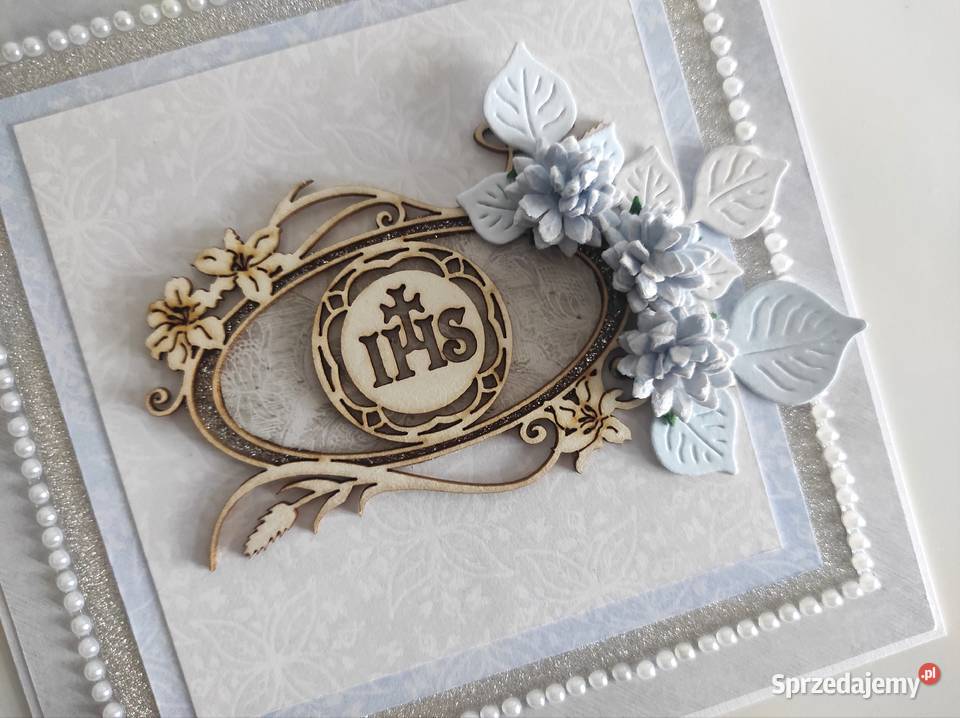 Kartka ręcznie robiona Komunia Święta IHS Antyki, Sztuka, Kolekcje Łódź