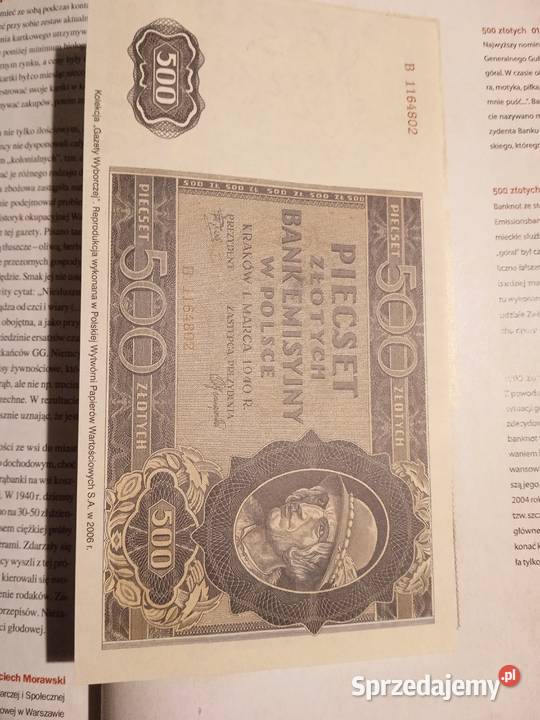 Reprodukcja banknotu 500 Góral z 1940 r z wielkopolskie Koźminek