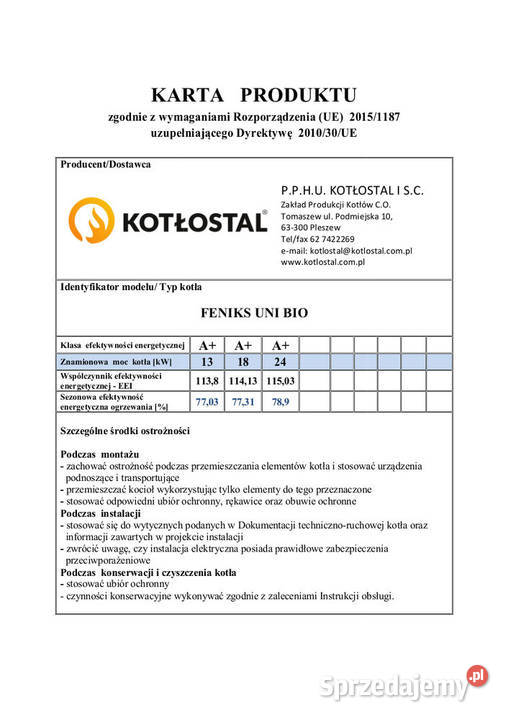 Kocioł co Feniks Uni Bio 13 kW pellet piec dolnośląskie Dziadowa Kłoda sprzedam