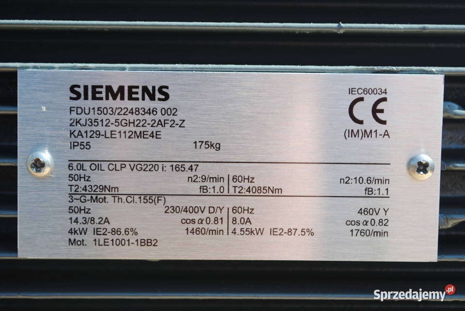 Motoreduktor kątowy 4kw 9obrmin SIEMENS lubuskie Kargowa