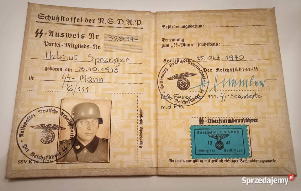 SS ausweis NSDAP kolekcjonerska legitymacja 1940