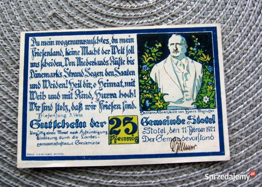 Banknot Zastępczy 25 Pfennig 1921r Ładny