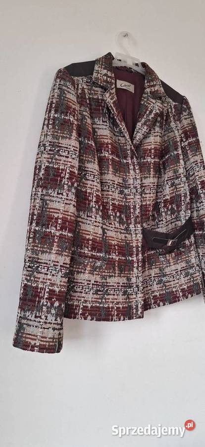 Elegancki żakiet w pepitke burgundowy tweedowy Kraków