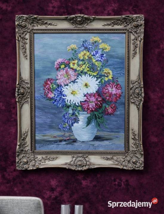 Obraz olejny kwiaty w wazonieżywe kolory Porcelana i szkło łódzkie Pabianice