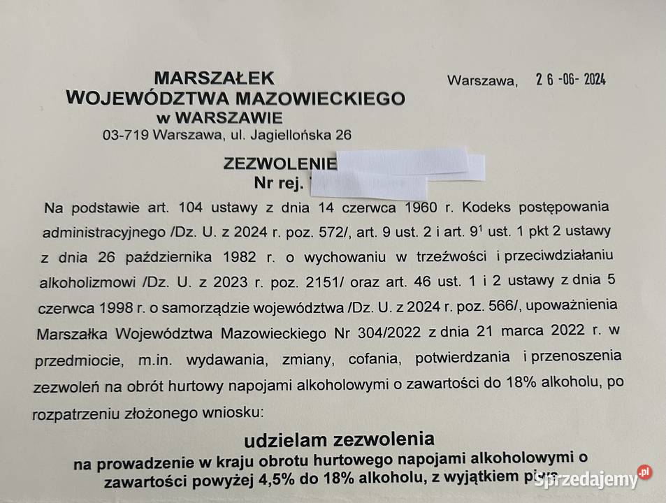 Sprzedam spółkę z oo import handel hurtowy wina Warszawa