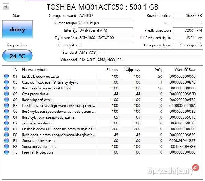 Dysk twardy HDD Toshiba 500GB 25 cala 7200 Pruszków