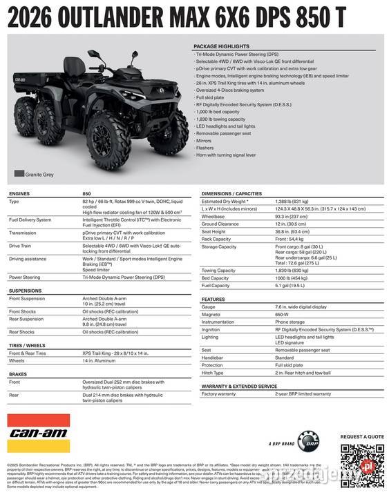 Quad CanAm Outlander 6x6 DPS 850 T T3b 2HTC 2026 Nowy Sącz