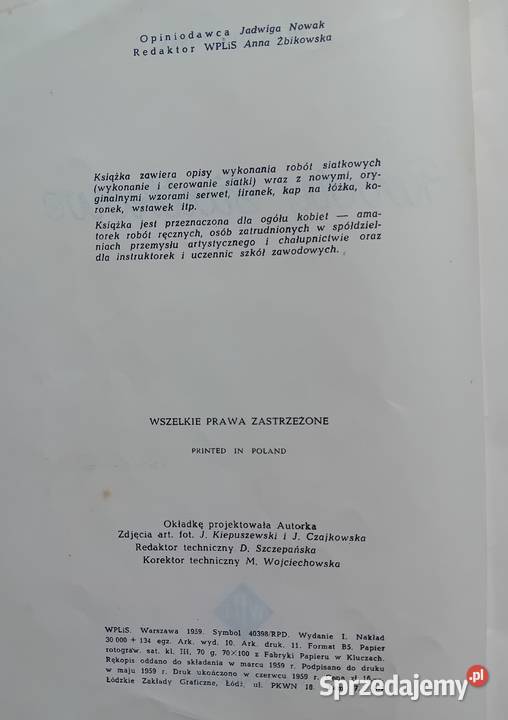 Wera Tuszyńska Roboty siatkowe WPLiS 1959 r Antykwariat wielkopolskie