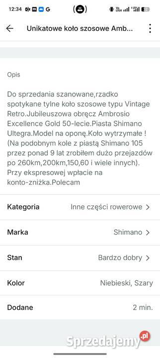 Unikatowe koło szosowe Ambrosio Gold 50lecie dolnośląskie Ścinawa
