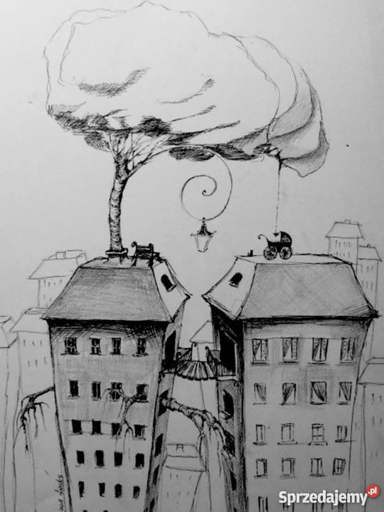 Klimatyczna grafika rysunek piórkiem Zakochane śląskie Katowice