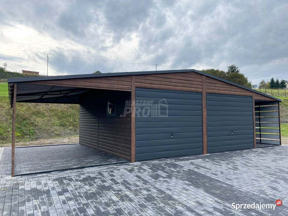 Garaz blaszany 6x6 2x wiata 3x6 2x Brama uchylna blacha