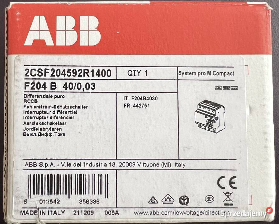 Różnicówka ABB F204 B40003 Typ B 4P 40A NOWA Banie