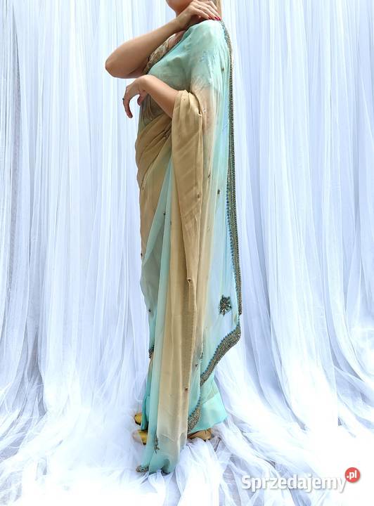 Piękne zdobione sari beż turkus koraliki saree Spódnice i sukienki Szczecin