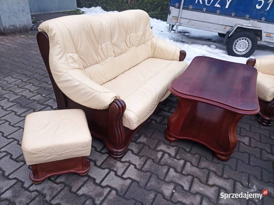 Komplet Rozkładany CREAM 321 i 2X Pufa i Ława śląskie Kozy