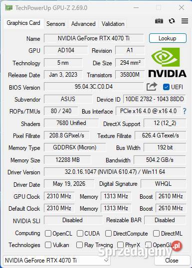 Karta graficzna RTX 4070 TI 12GB ASUS TUF GAMING Asus Karty graficzne Żyrardów