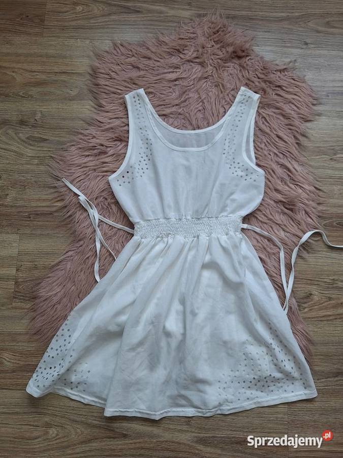 Świetna biała sukienka 38 z paskiem zwiewna boho Bez wzoru Kraków