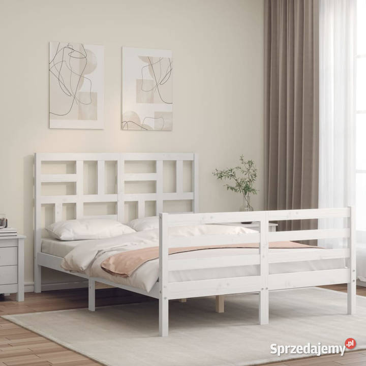 Rama łóżka z wezgłowiem biała lite drewno 205cm