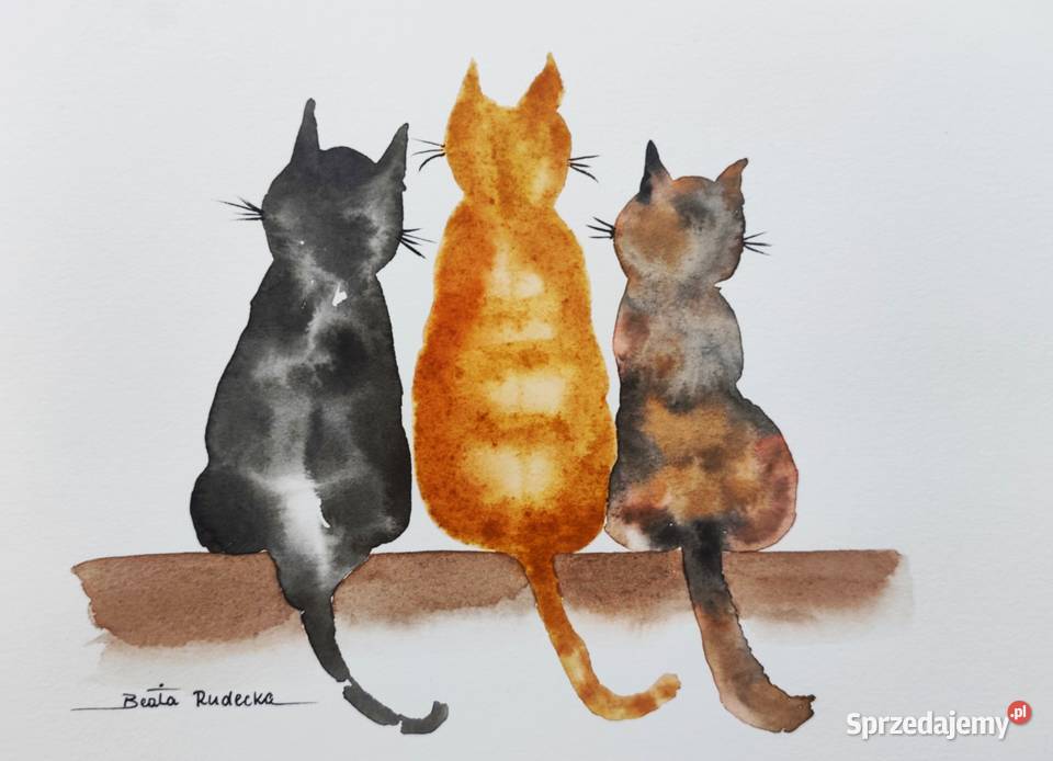 Obraz Akwarela KOTY 26x19 Oryginał Malarstwo Lublin