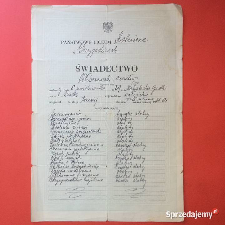 1746 Świadectwo Liceum Rolniczego 3 Tchórzewski Szczecin